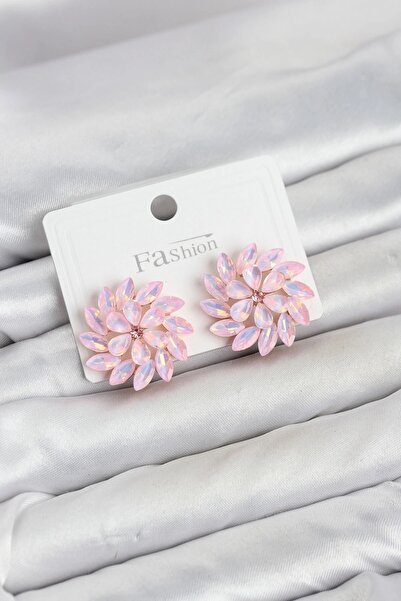 TakÇalıştır Pink Color Crystal Stone Flower Model Women's Earrings
