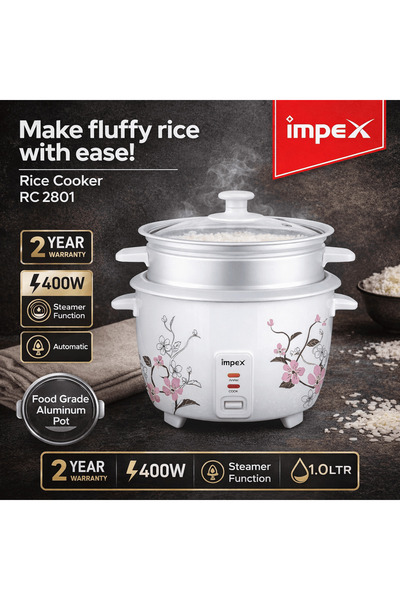 IMPEX Electric Rice Cooker & Steamer – 1.0 Litre, 400W with Food Grade Alumin...