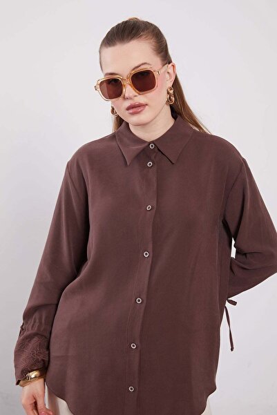 Levidor Brown Sleeve Lace and Lacing Detailed Shirt