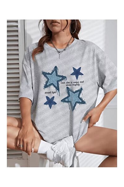 ZİYMO Women's Star Printed Oversized T-Shirt
