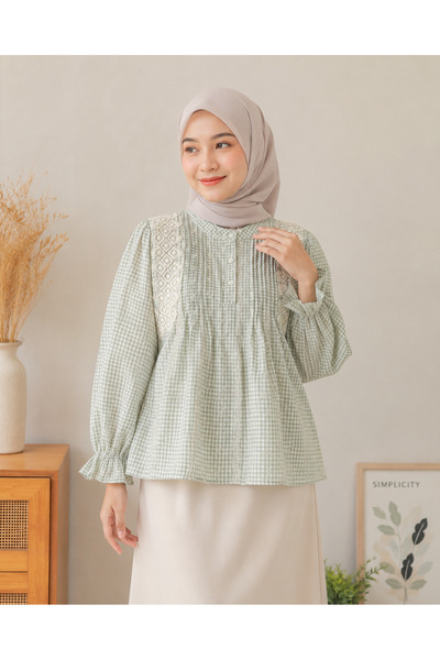 LAYARA COUTURE Gingham Lace Pintuck Blouse Loose Fit, Free size (Fits up to s...