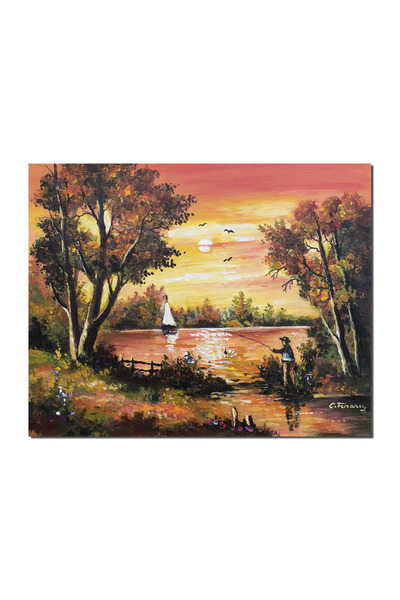artnova Πίνακας τοπίου με ηλιοβασίλεμα και ψαρά, 50x40 εκ. λάδι σε καμβά, Κων...