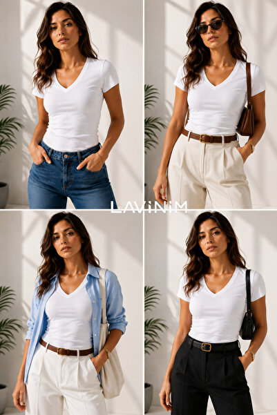 LAVİNİM Kadın V Yaka Ultra Soft Pamuk V Body Slim Tişört