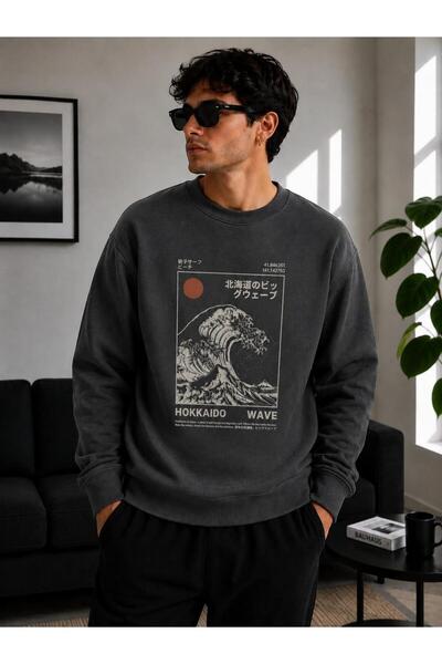 caddekombin Unisex Hokkaido and Wave Printed Crew Neck Sweatshirt