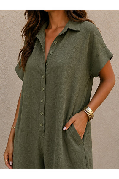 Afri Khaki Linen Women's Buttoned Shirt Collar Loose Jumpsuit – Wide Leg Loos...