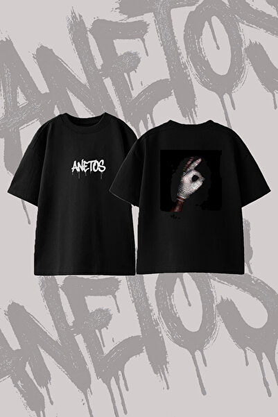 Anetos تي شيرت MJ Glove Design مطبوع ذو ياقة دائرية كبيرة الحجم باللون الأسود