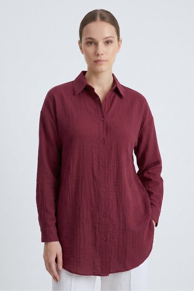 Saade Burgundy Relaxed Fit Textured Basic Shirt with Low Shoulder Effect