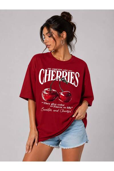 khufu Red Oversize Fit Cotton Cherry Printed Relaxed Cut Unisex T-Shirt