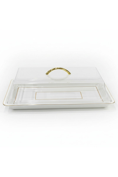 AKDC Christian Verucci Rectangle Off-White Ceramic Flat Plate with Clear Acry...