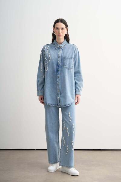 Moodbasic İncili Pantolonlu Denim Takım MB24.756 Açık Mavi