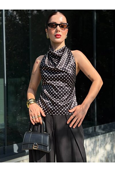 YK FASHION Saten Puantiyeli Sırt Dekolteli Bluz