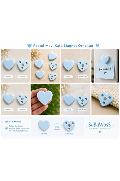 BaBaWoSs 5'li Kalpli Magnet Seti – PASTEL MAVİ Fotoğraf ve Not Tutucu, Buzdol...