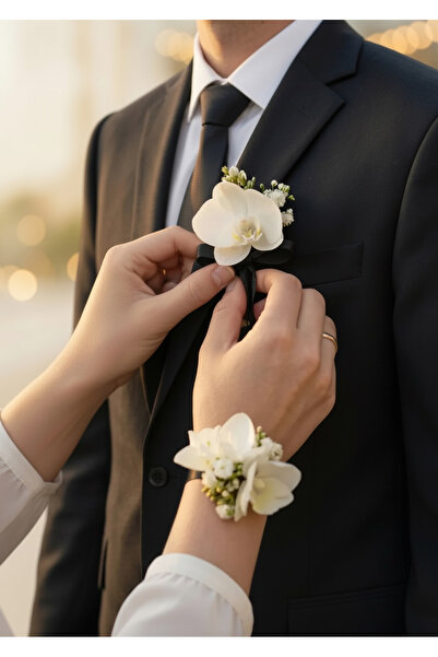 BTRENDY Küçük Orkide Gelin Bilekliği Ve damat Yaka Çiçeği Aksesuar Seti