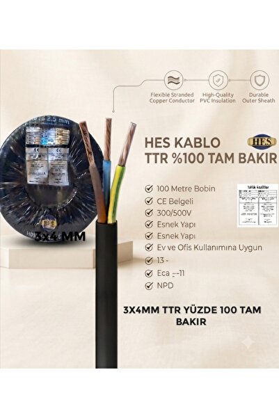 DC-ELEKTRO HES KABLO 3X4MM TTR YÜZDE YÜZ TAM BAKIR KALİN KABLO (1 METRE FİYAT...
