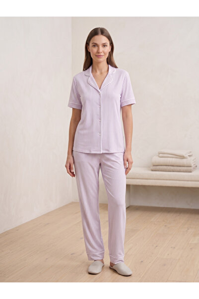by İGP Front Buttoned Striped Short Sleeve Maternity Pajama Set