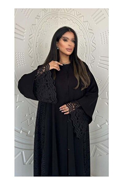 HYX عباءة كريب واسعة مع دانتيل فرنسي - أسود