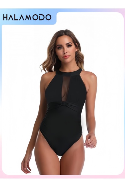HALAMODO Women's One Piece Swimsuit High Neck Tummy Control Swimwear Bathing ...