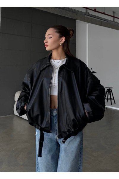 ginger love Kadın Siyah Oversize Suni Deri Bomber Ceket – Fermuarlı Şık Mont