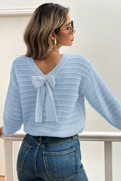 Aryena Blue Self-Patterned Knitwear Blouse with Back Bow
