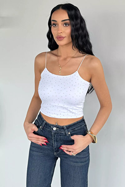 Aryena White Women's Rubber Strap Stoned Crop Top Blouse