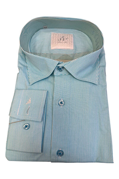 OEM Camasa barbati, turcoaz aqua cu dungi fine, slim fit, maneca lunga, bumba...