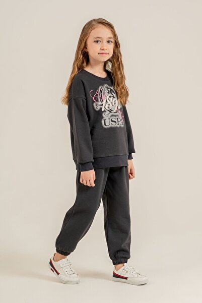 U.S. Polo Assn. Girl's Embroidered Anthracite Long Sleeve Tracksuit Set Us271...