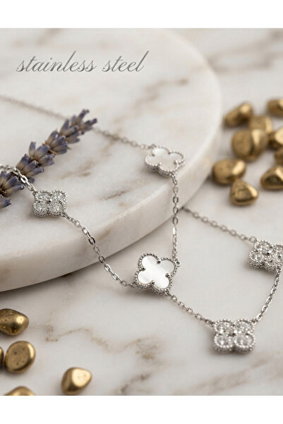 stainless steell 316L Steel Chain Silver Color White and Zircon Stone Clover ...