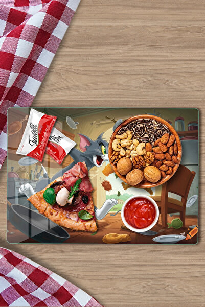 Decovetro Tom ve Jerry Mutfakta Desenli Cam Kesme Tahtası ve Sunumluk 25 x 35 cm