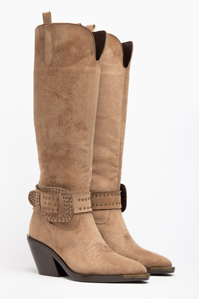 DENORA Mink Camel Matte Suede Big Buckle Trok Detail Western Cowboy Knee-High...