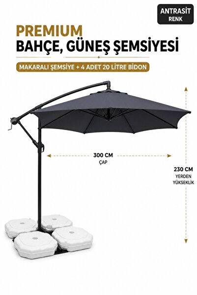 Düvenci Bahçe, Güneş Şemsiyesi Antrasit renk 300 cm çap/8 telli ve 4'lü 20 lt...