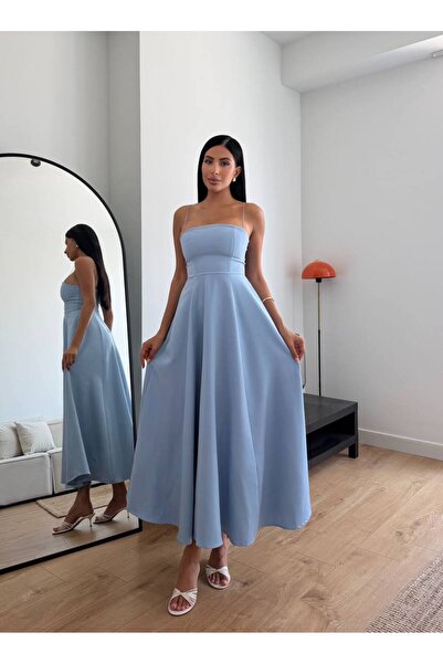 FLOWERİNG Rochie maxi cu volane și bretele albastre pentru femei