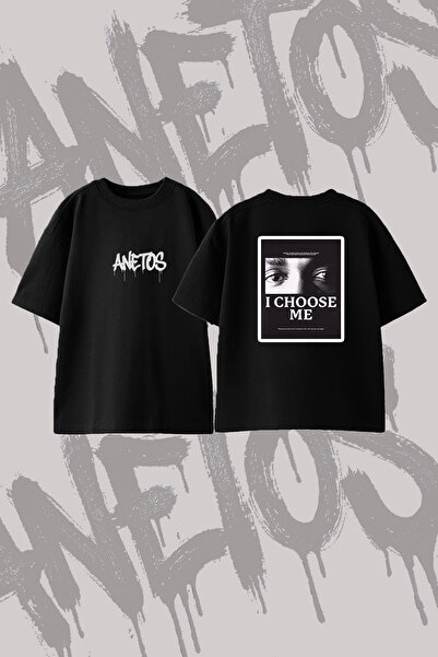 Anetos I Choose Me Design Printed Oversize Crew Neck T-Shirt Black