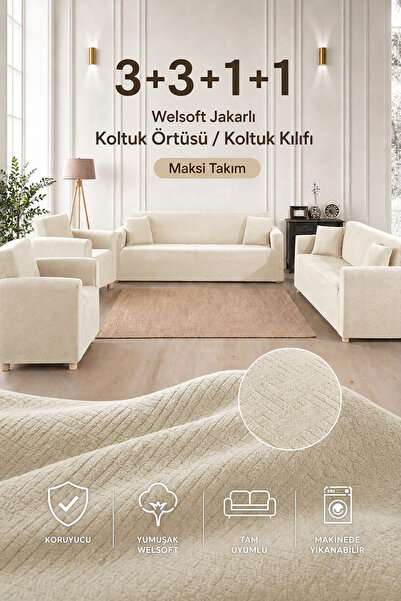 Softlife Welsoft Jakarlı 3+3+1+1 Maksi Koltuk Örtüsü Koltuk Kılıfı Takımı | Y...