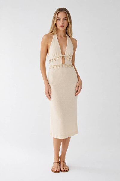 MODA Ekru Deniz Kabuklu Halter Midi Elbise