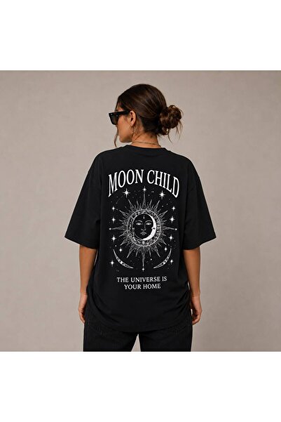 khufu تي شيرت أسود كبير الحجم من القطن مطبوع عليه Moon Child وقصة مريحة للجنسين