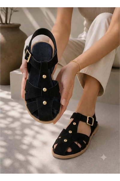 WEBORN Women's Brown Suede Cage Soft Sole Sandals with Buckle Detail
