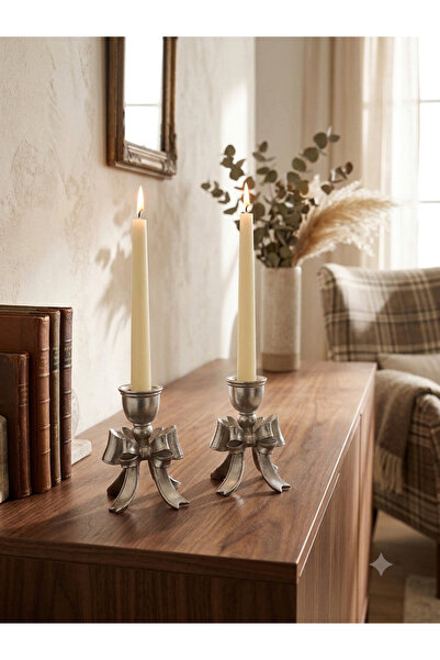 Hanlar Home Vintage Fiyonk Motifli Şamdan 2'li Set Salon Objesi 10X7