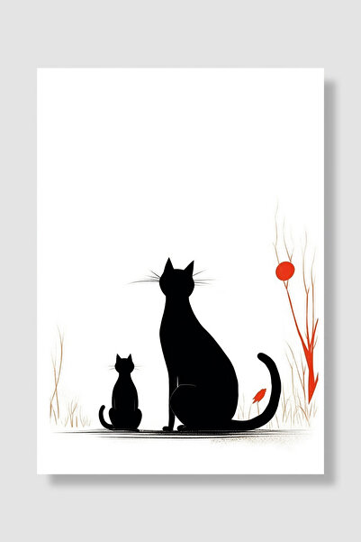 Luna Marissa Плакат с котка Майка и котенце Черна котка Минималистичен силует...