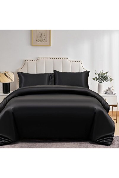 DuShow Satin Duvet Cover Set Black Double, Soft Silky Duvet Cover And 2 Pillo...