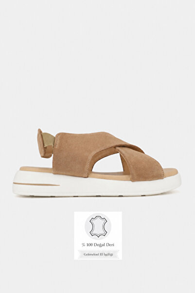 TUNAELLİ Women's Mink Suede Genuine Leather Strapped Flat Sole Daily Sandals