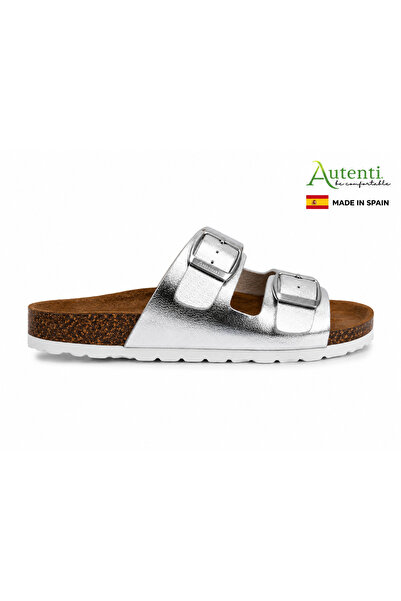 Castle Black Autenti Women's Full Orthopedic Leather Slippers - Metallic Silv...