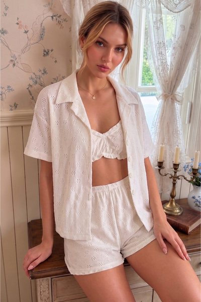 BELLA NOTTE Women's White Scallop Embroidered 3-Piece Shorts Pajama Set