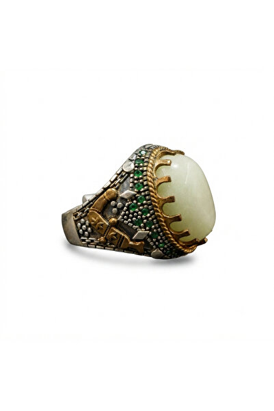 Generic 925 Sterling Silver Energy Stone Ring 12.5g Oval Green Stone with Gol...