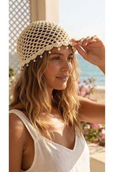alinastore Beanie Hat with Beads and Sequins Detail, Knitted Mesh Bandana