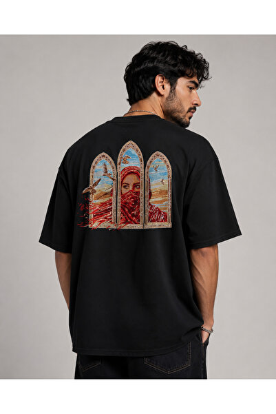 cc collection تي شيرت رجالي أسود كبير الحجم مطبوع عليه شخصية ونافذة بتصميم صح...