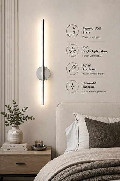 FKLIGHT 75CM / USB Sarjlı Resim / Tablo / Ayna / Duvar / Krom kasa Ledli Apli...