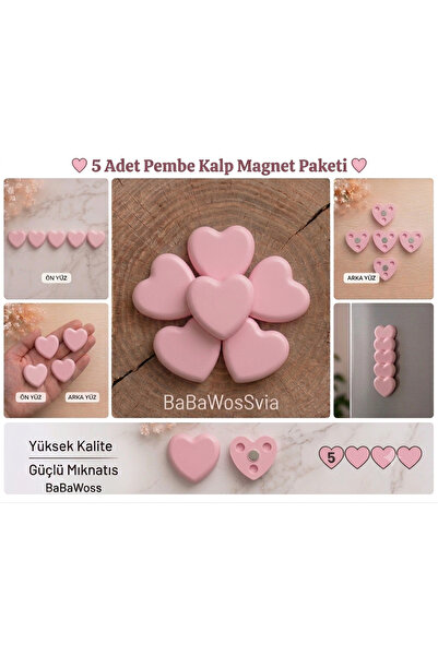 BaBaWoSs 5'li Kalpli Magnet Seti – PEMBE Dekoratif Magnet