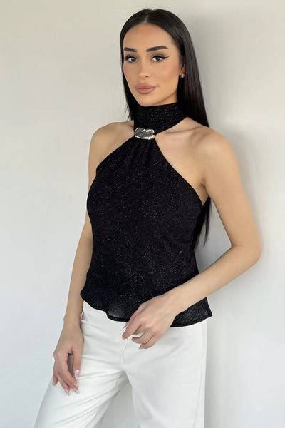 Aryena بلوزة نسائية سوداء مكشوفة الظهر مع تفاصيل وشاح لامع
