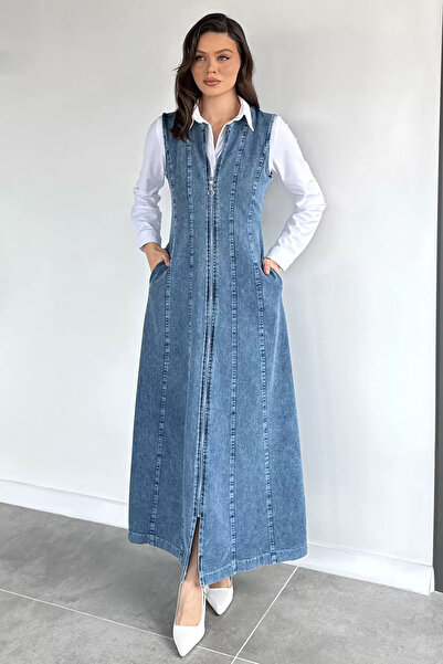 Aryena Ice Blue Full Zipper Denim Jean Dress
