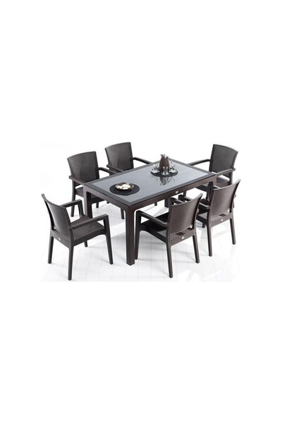 NOBLE DESİNG Rattan Masa Takımı Camlı Masa 6 Kişilik Sandalye Seti Bahçe Balk...